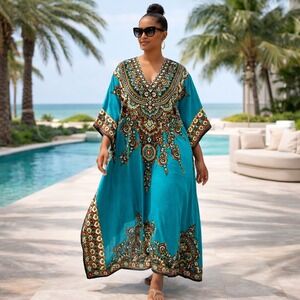 Ashro Womens Turquoise Blue Cotton Dashiki Kaftan Maxi Dress Bold Oversized NWT